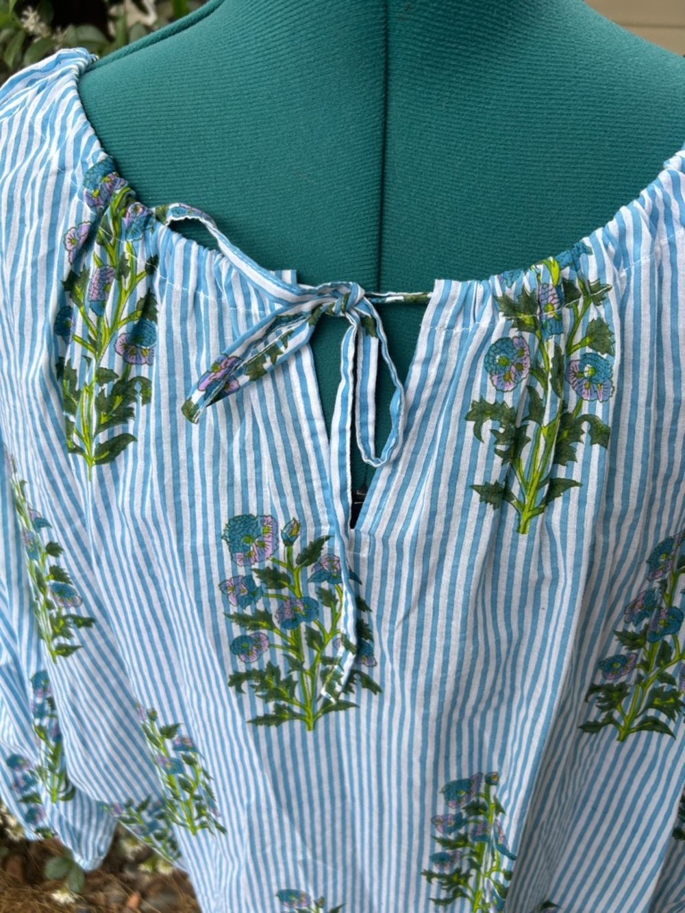 SZ Blockprints Blue Striped Floral Cotton Peasant Blouse - Picture 4 of 6